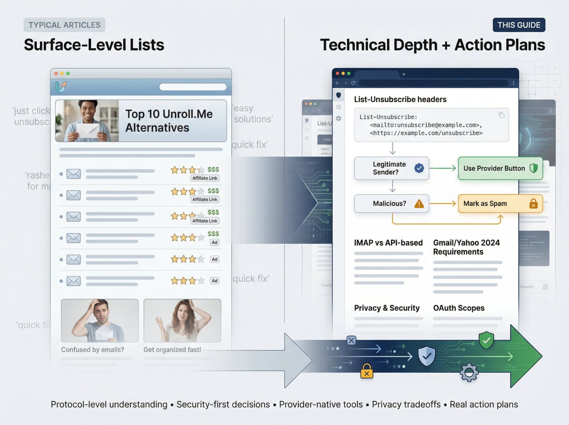 Visual comparison showing this guide's comprehensive technical depth versus typical surface-level unsubscribe articles