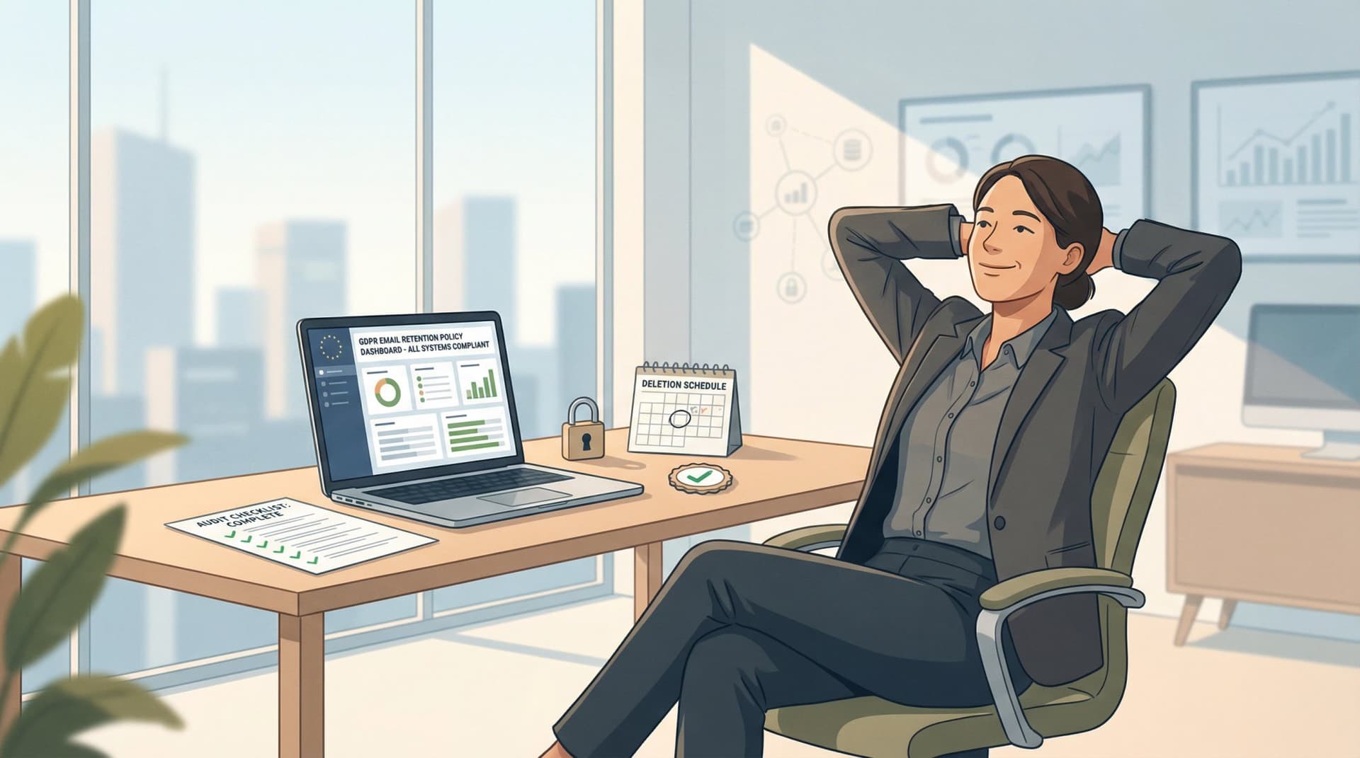 Professional working through GDPR email compliance checklist with confident posture, checkmarks, and security symbols representing completed retention and deletion controls