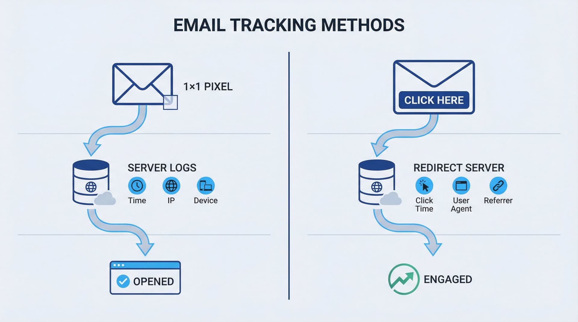 Side-by-side comparison infographic showing how email tracking pixels and link tracking work technically