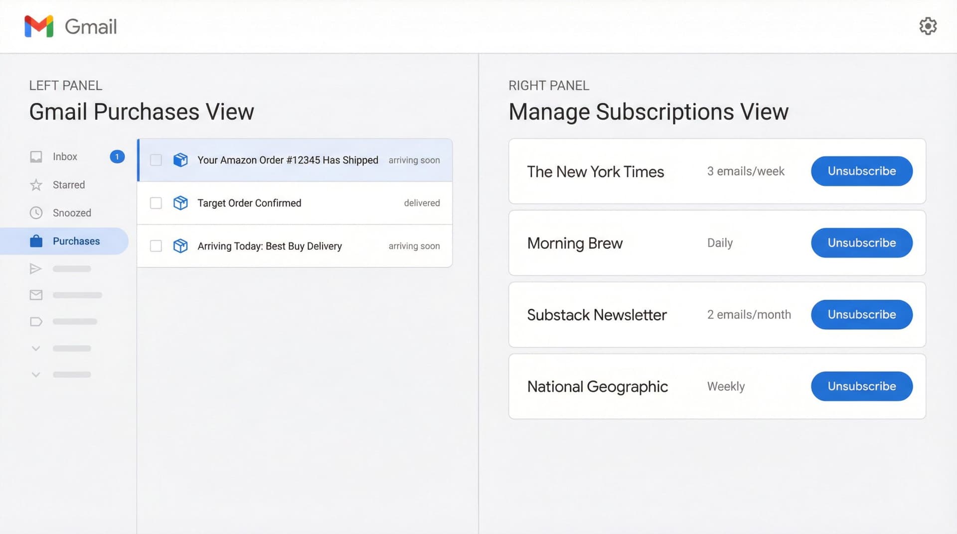 Side-by-side comparison of Gmail's new Purchases and Manage Subscriptions views in the Gmail interface