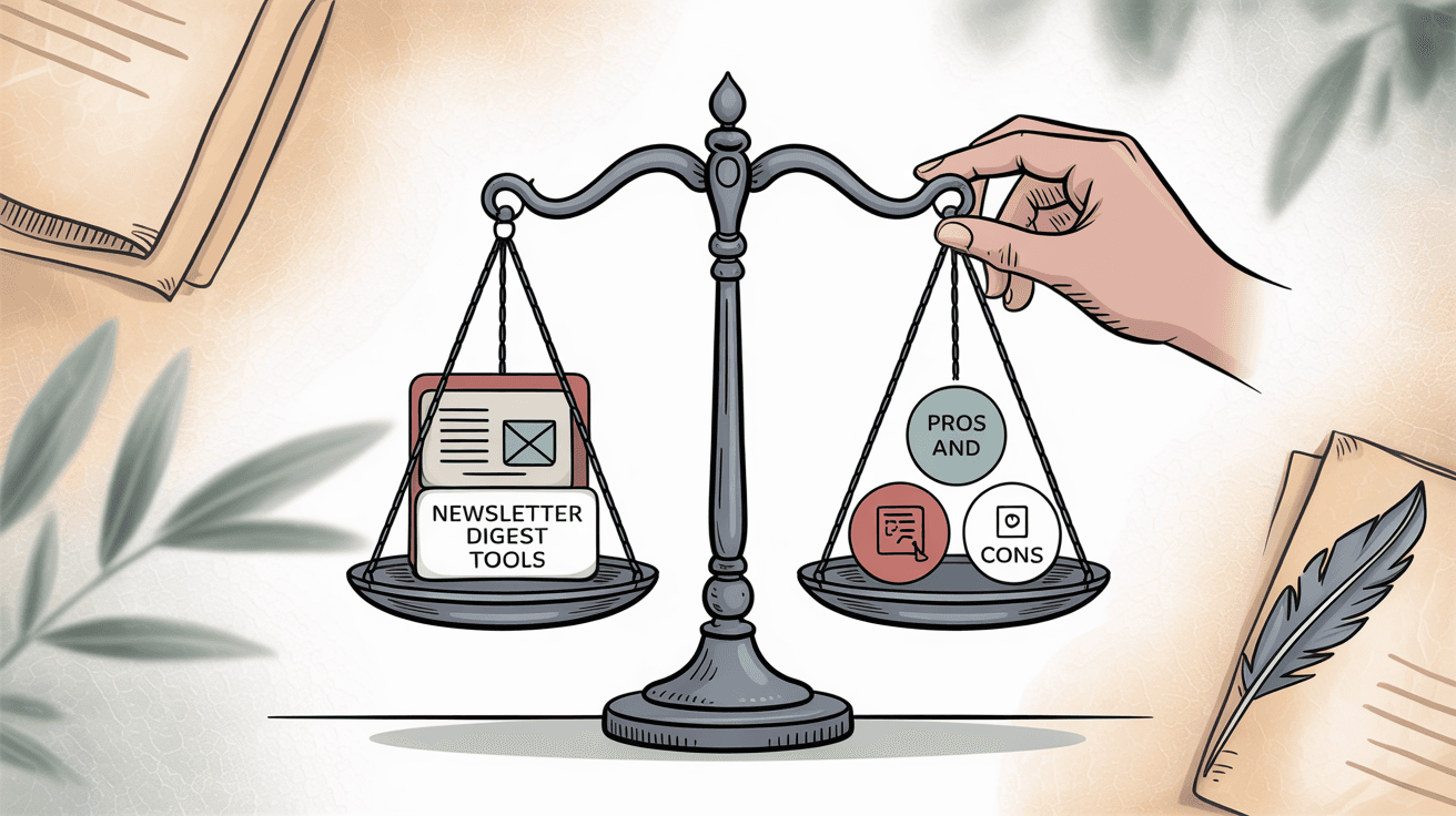 Balance scales showing newsletter digest tools evaluation with pros and cons weighing, representing decision-making process for choosing email management solutions